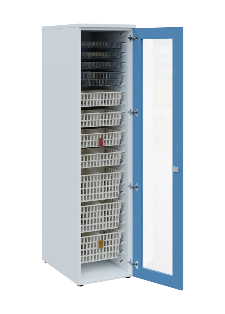 EUROMEDICA S - 46 skříň léková boxová, 1-dveřová/prosklená, pravá, 1950x460x735, korpus bílý, dvířka pastelově modrá